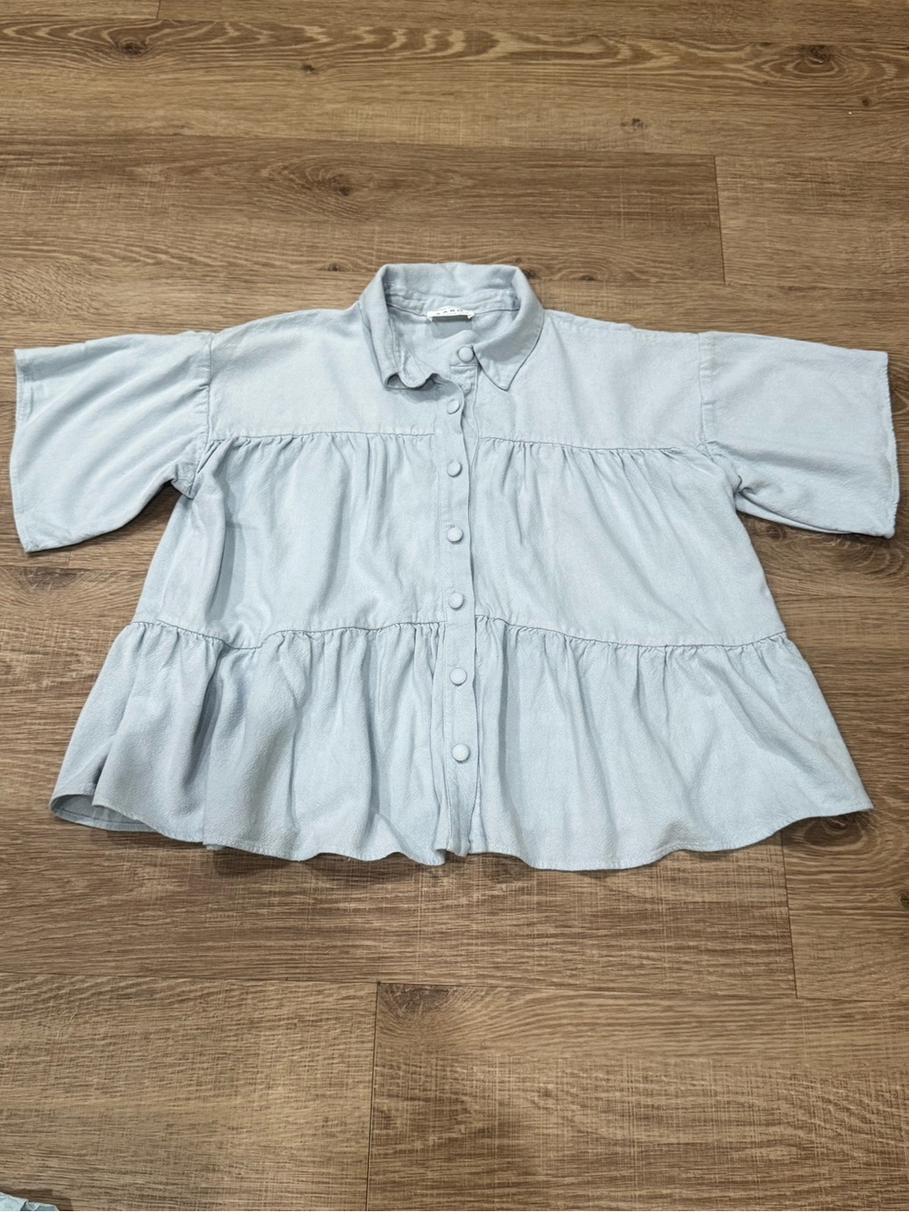 SABO Australia Cotton Ramie Tiered Babydoll Button Front Top Blue Size S